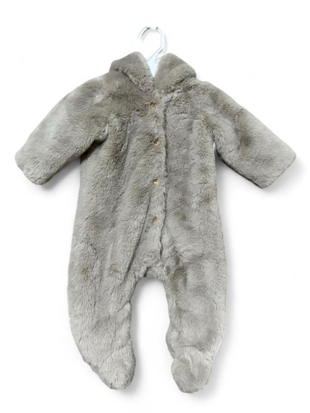 Zara Plush Hooded Grey Faux-Fur Baby Footed One-Piece